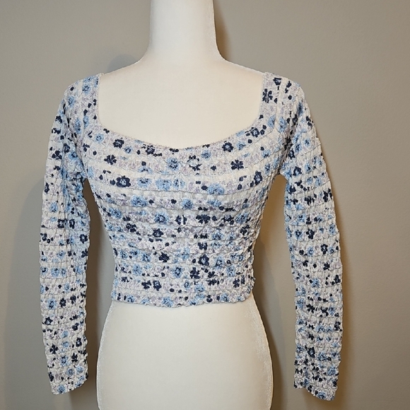 Zara Tops - Zara Cottagecore Blue Floral Ruched Smocked Top - Long Sleeve